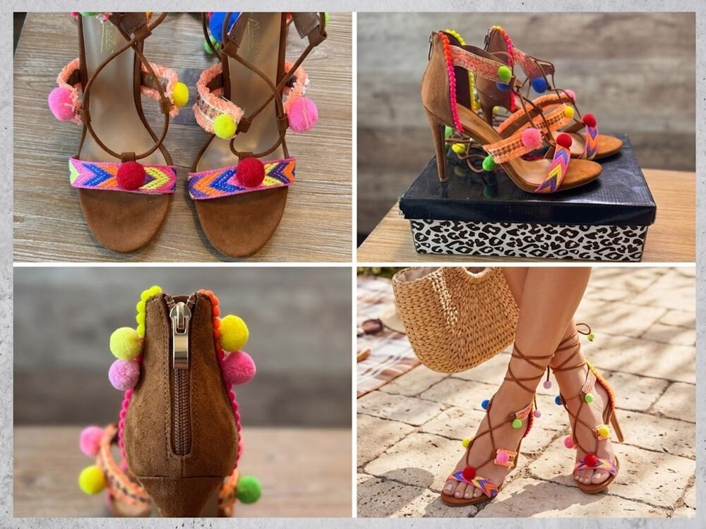 Anne Michelle Colorful Pom-Pom Lace-Up Stiletto Sandals